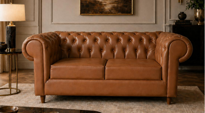 Sofá Chesterfield em couro caramelo com acabamento premium